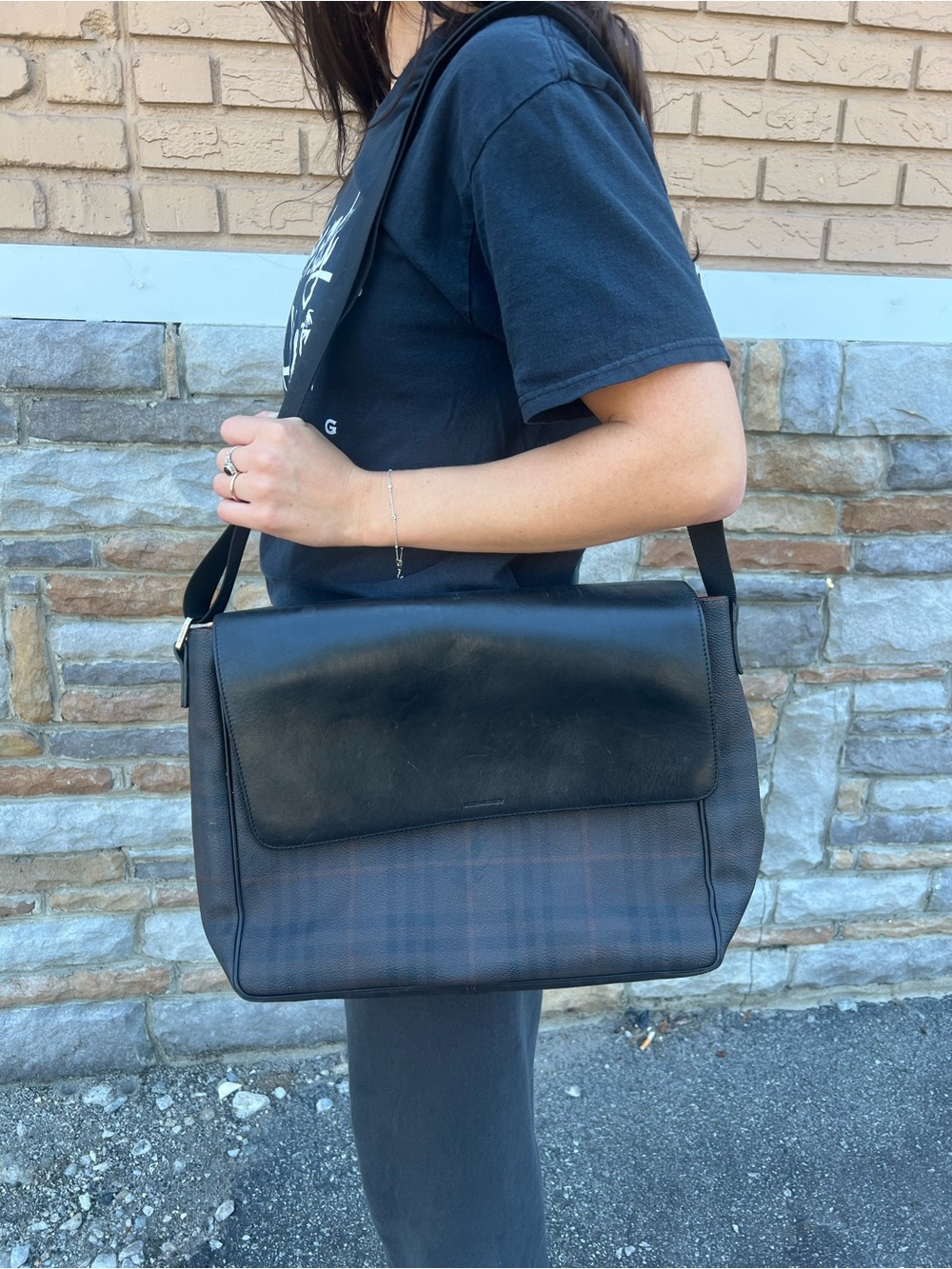 Burberry Black Leather-Trim Navy Plaid Messenger Bag